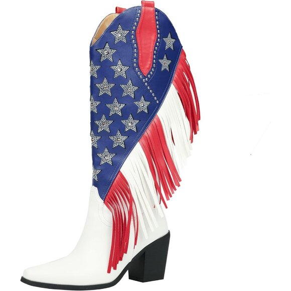 ⚡Women's Fringes American Flag Mid-Calf Western Boot Sparkling Stars Rhinestones - Picture 8 of 9